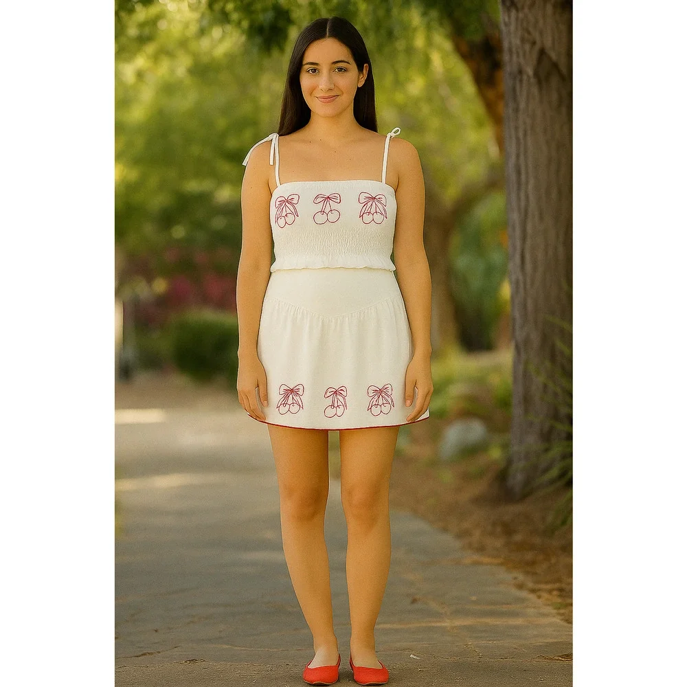 NWT Thirty/Thirty LA White Red Cherry Print Linen Blend 2 Piece skirt Set Size L - Picture 2 of 10